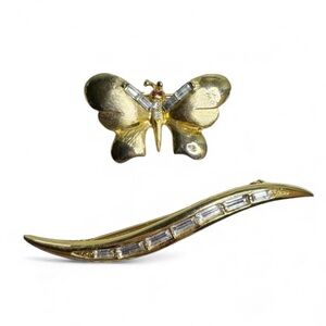 Baguette Crystal Gold Butterfly Brooch Wavy Bar Pin Art Deco Revival Vintage